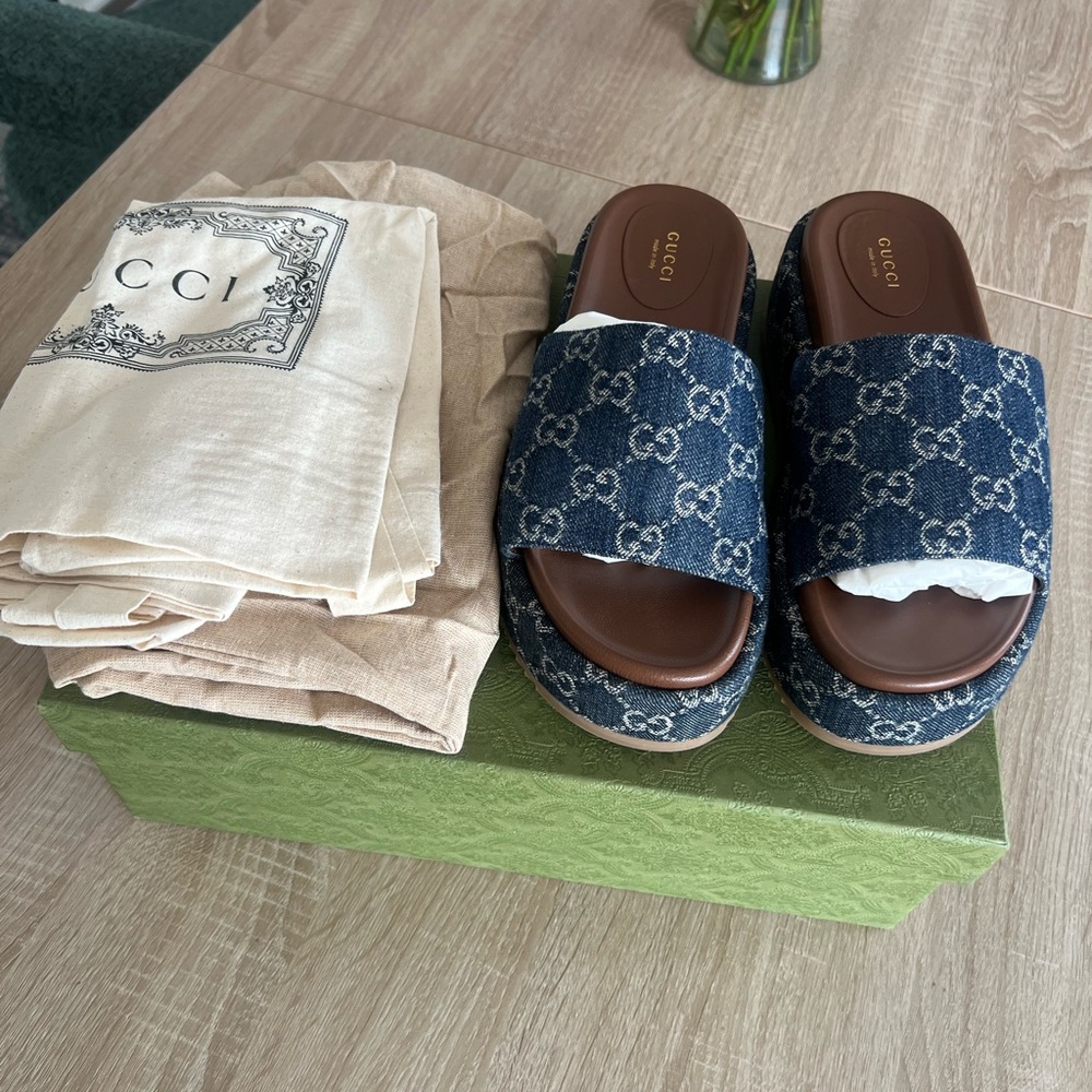 Gucci Blue GG Monogram Slides